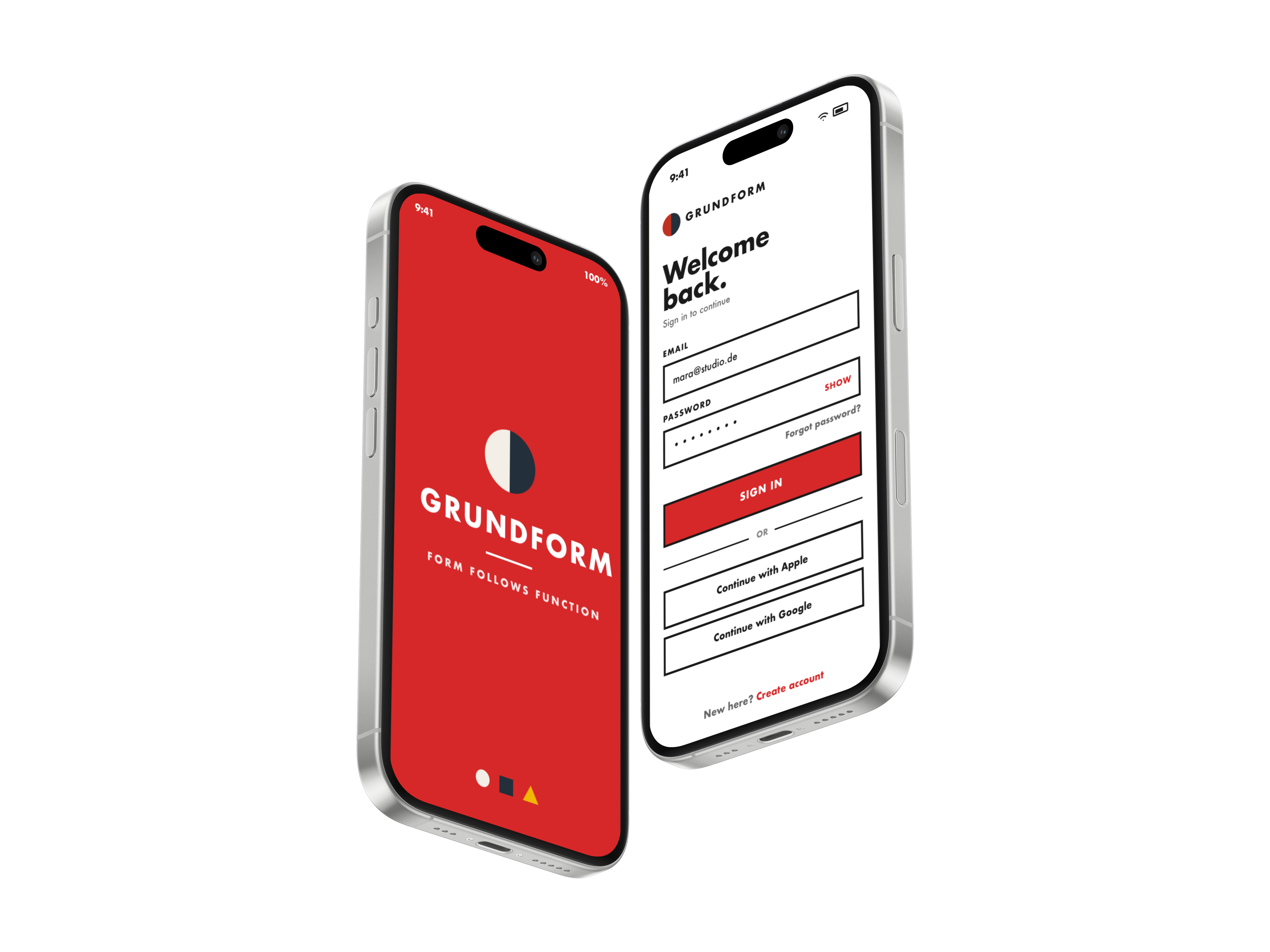 GRUNDFORM app shown on two iPhones — splash screen and sign-in